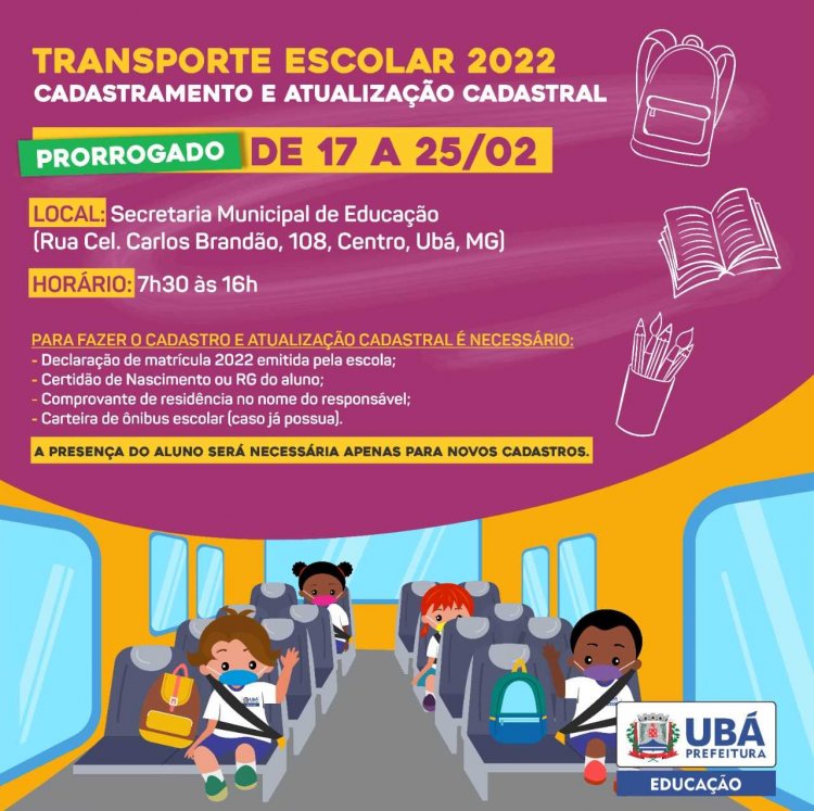 Prorrogado o prazo para o cadastramento do transporte escolar em Ubá