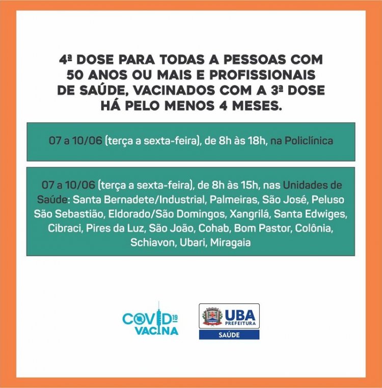 Ubá amplia 4ª dose contra COVID para maiores de 50 anos e Profissionais de Saúde