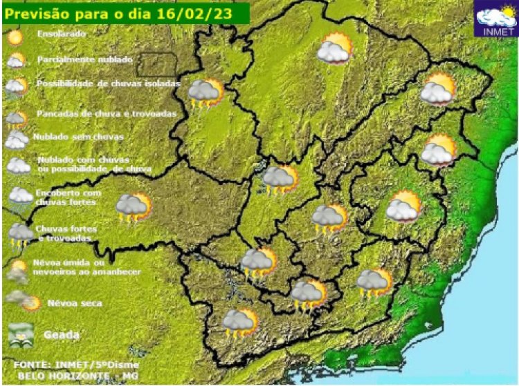 Previsão do tempo para Minas Gerais nesta quinta-feira, 16 de fevereiro