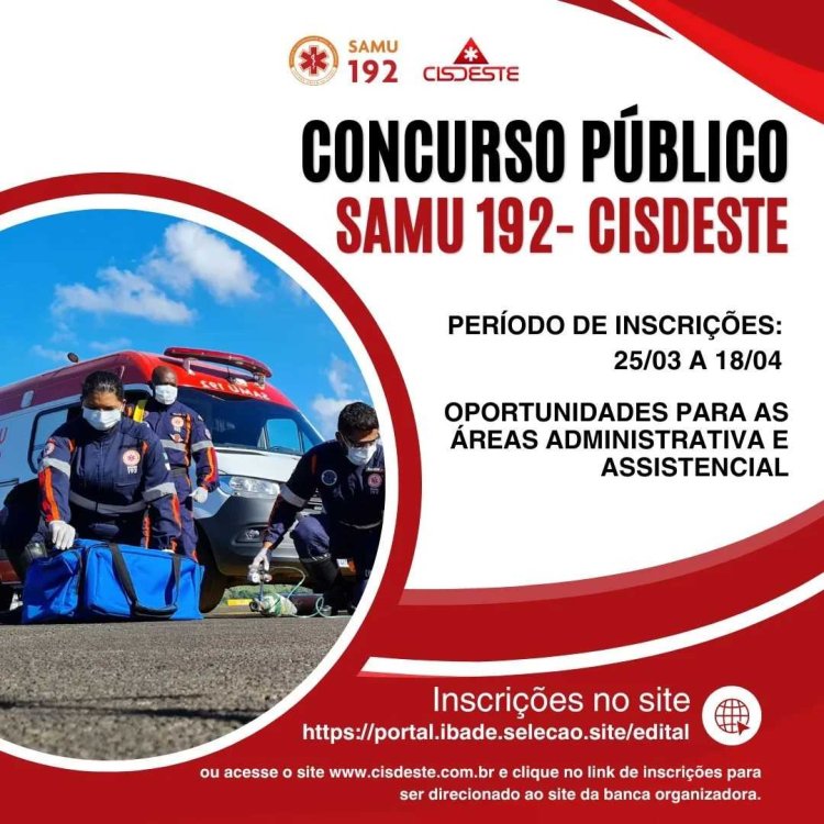 Inscrições abertas para concurso do Samu com vagas em Ubá e outras cidades da região